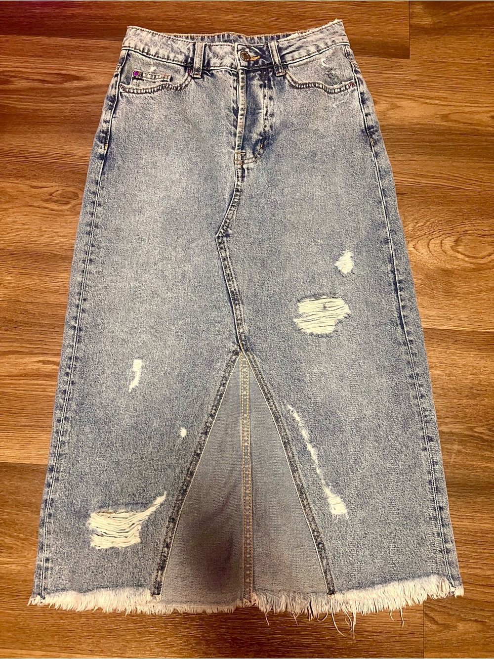 H&M Light Blue Distressed Denim Midi Skirt